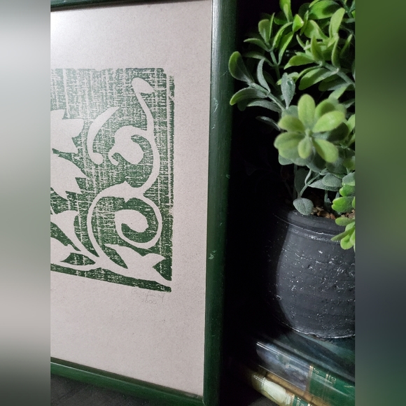 Lino Print Green Floral Art Framed 9x12 - Picture 4 of 5